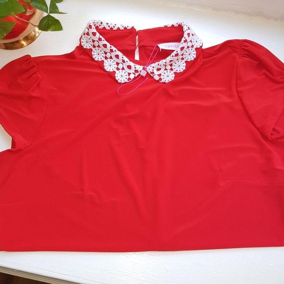 SAVIOA Gorgeous RED Capped Sleeve Blouse with White Lace Collar SIZE Med… - Picture 7 of 10